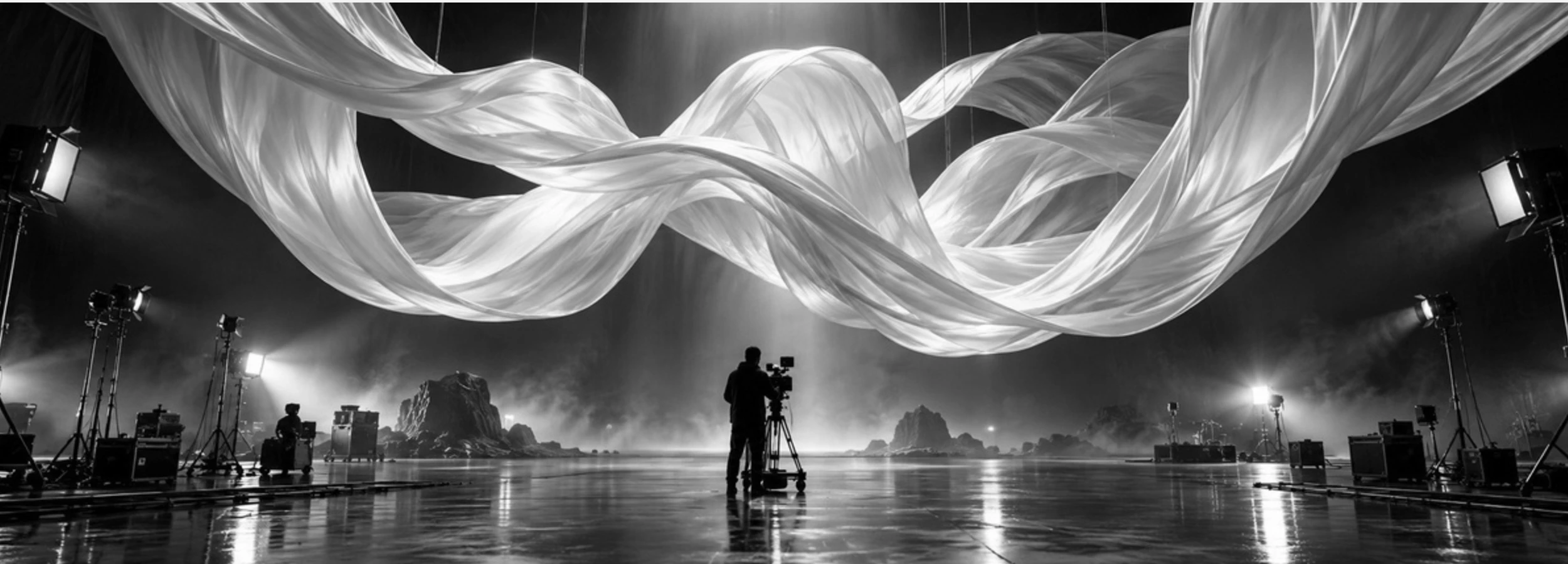 Dramatic cinema set with sculptural flowing fabric and a camera crew