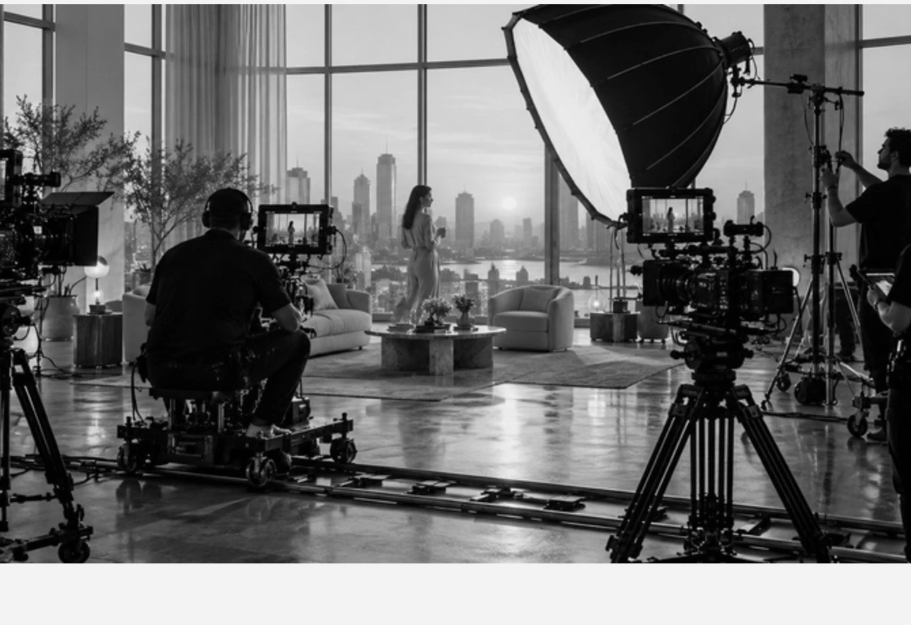 A production crew filming in a studio